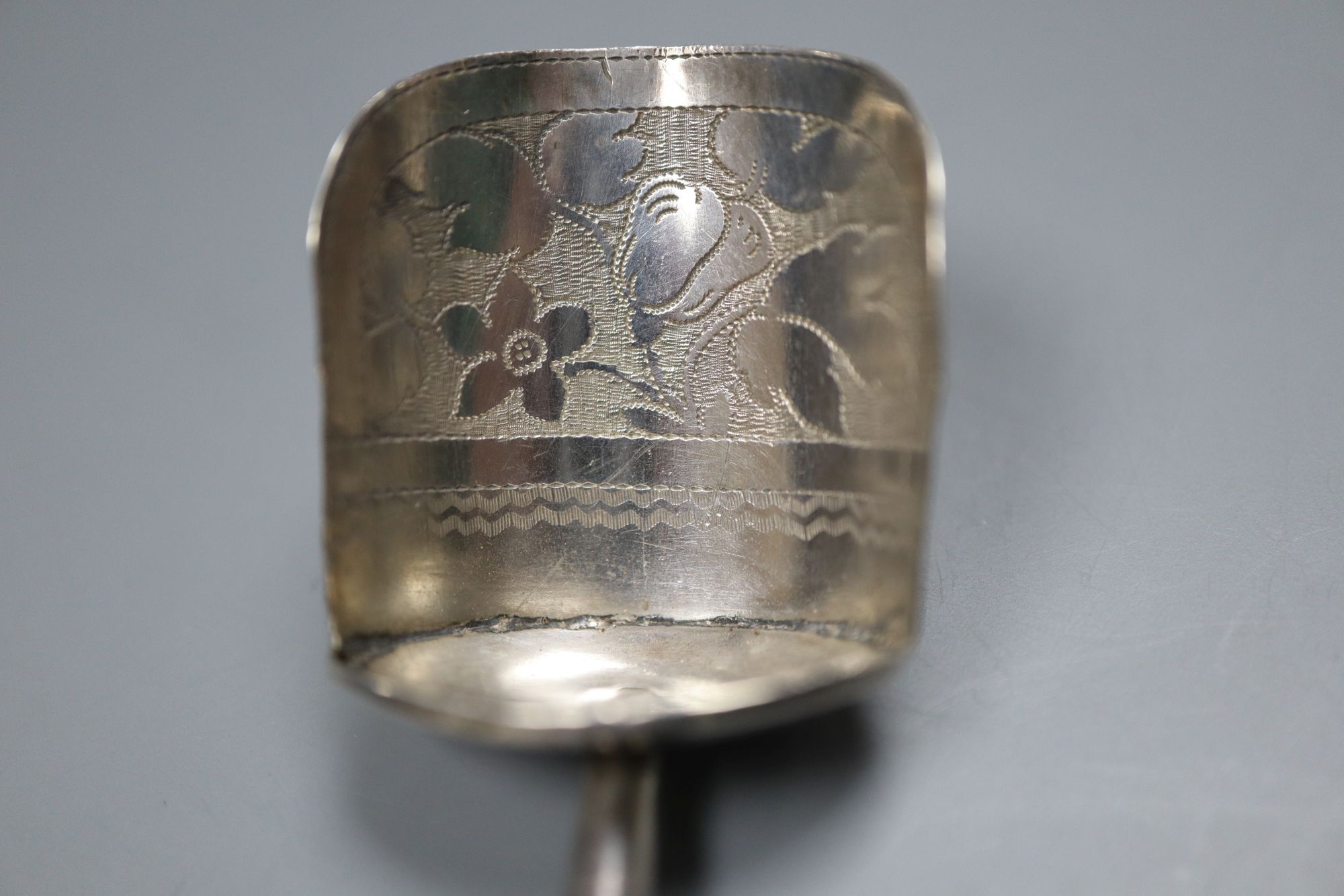 A George III mother of pearl handled silver caddy spoon, Joseph Taylor, Birmingham, 1817, 99mm.